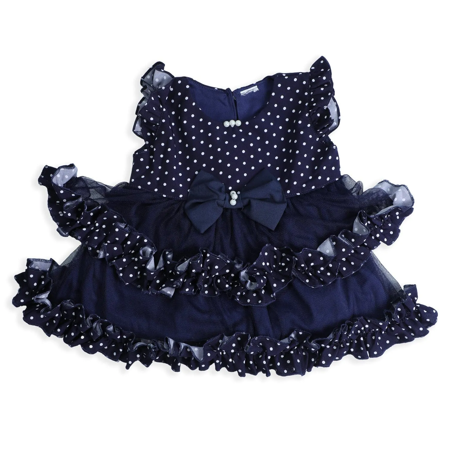 Baby Moo Polka Dot With Pearl And Bow Detail Frilly Layered Party Dress - Black