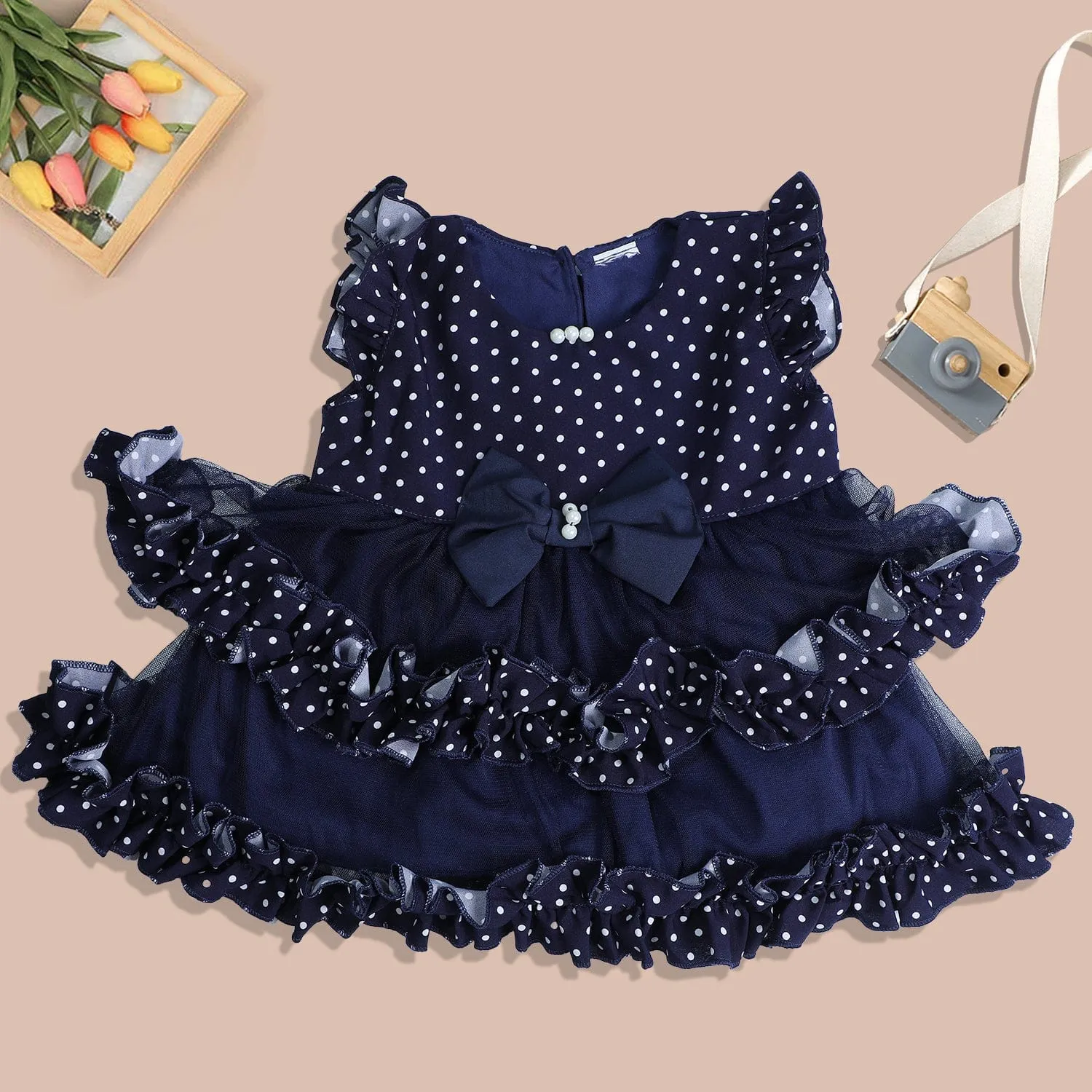 Baby Moo Polka Dot With Pearl And Bow Detail Frilly Layered Party Dress - Black