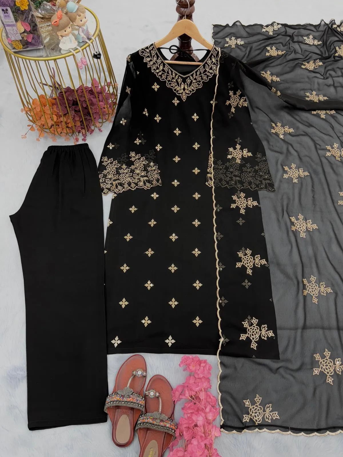 Black Inayakhan Designer Party Wear Faux Georgette Top, Plazzo, and Dupatta Set