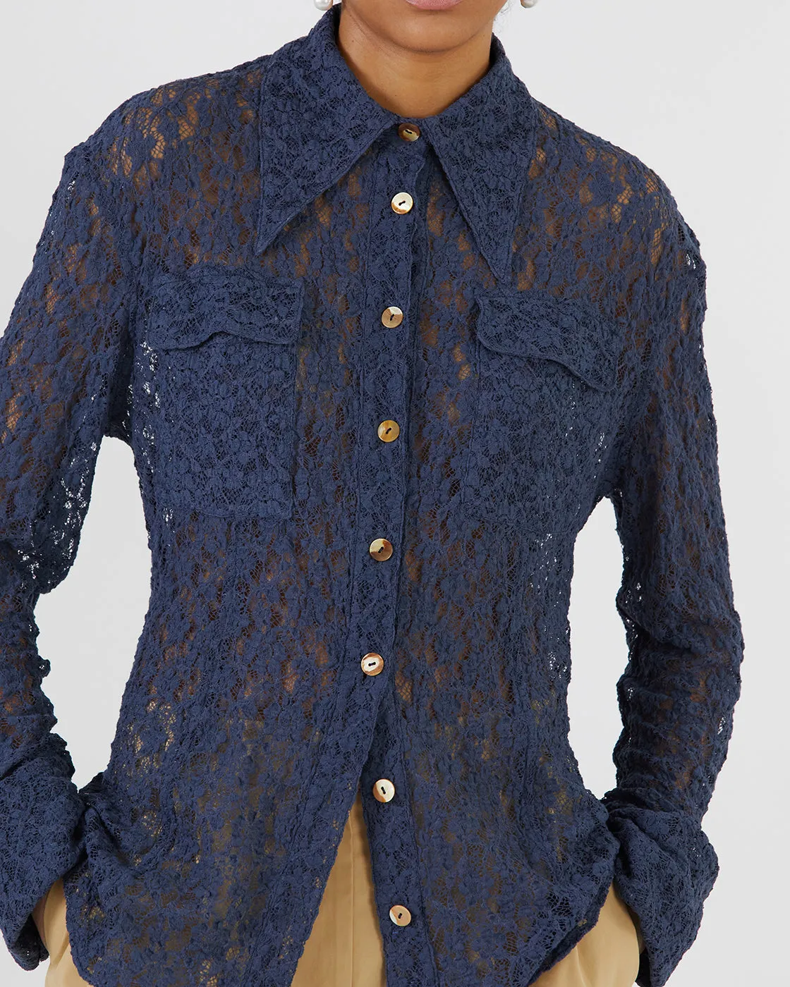 Camille Shirt Cotton Blend Lace Navy