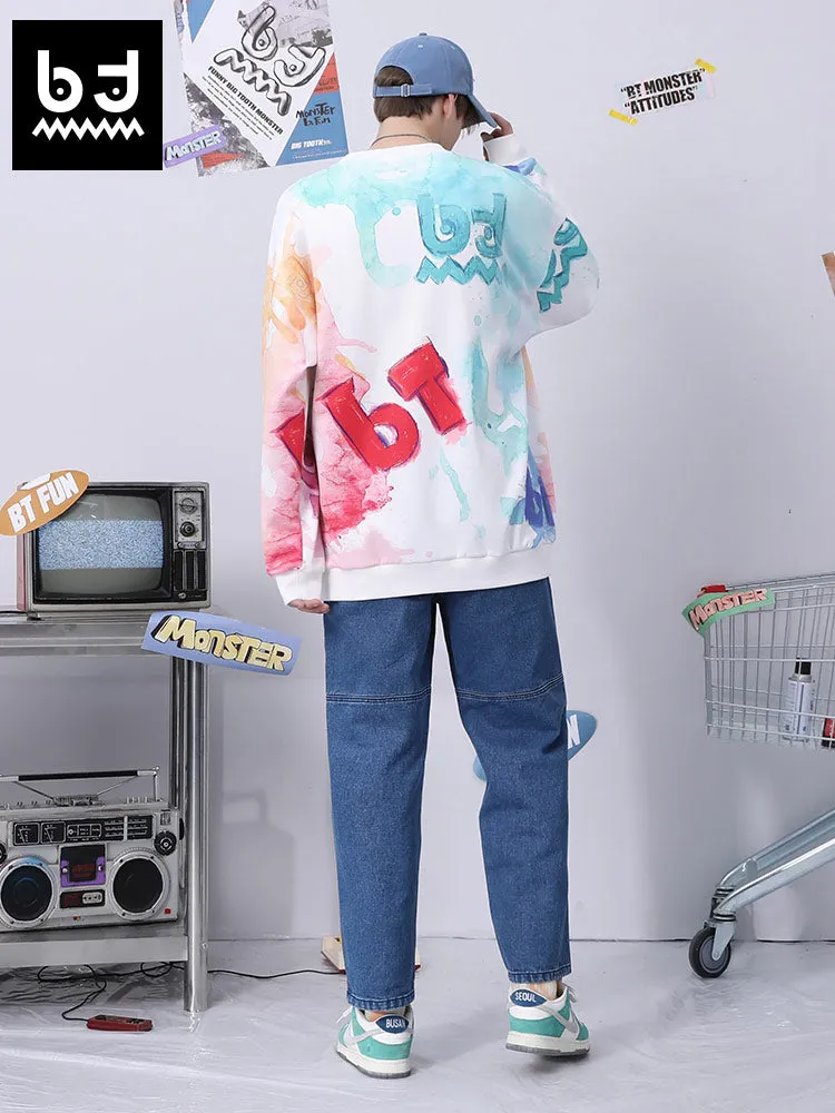 Colorful splash-ink letters full print space cotton drop cuff ribbed closed hoodie