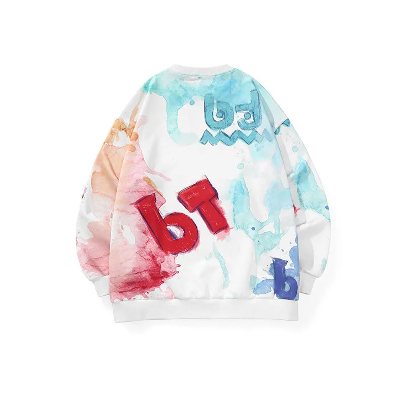 Colorful splash-ink letters full print space cotton drop cuff ribbed closed hoodie