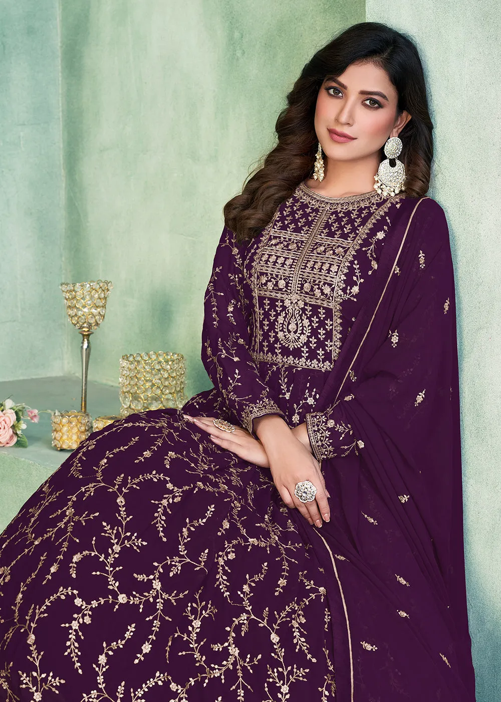 Designer Purple Embroidered Wedding Party Anarkali Suit