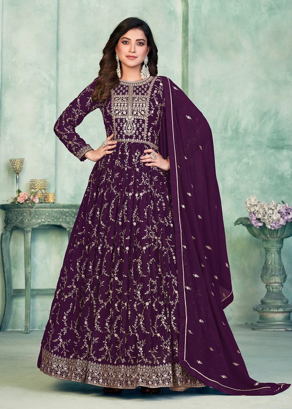 Designer Purple Embroidered Wedding Party Anarkali Suit