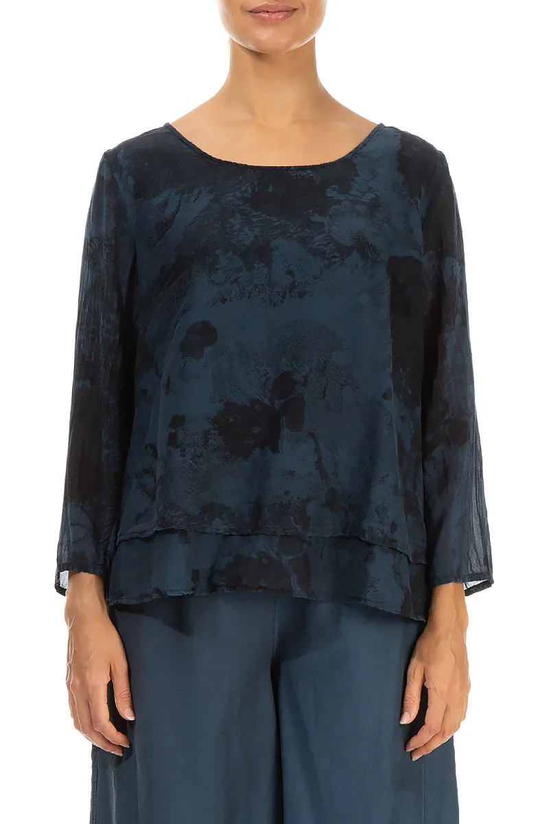 Layered Midnight Blue Marble Silk Cotton Blouse