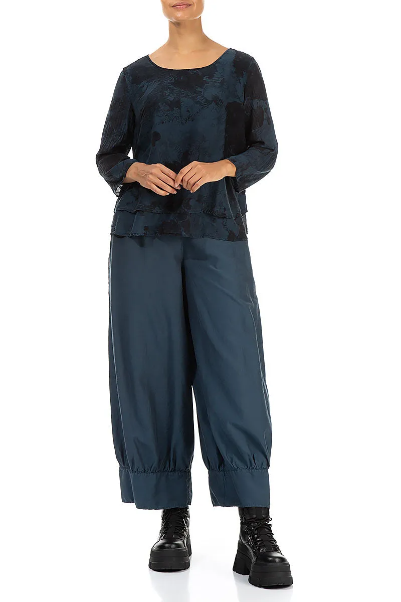 Layered Midnight Blue Marble Silk Cotton Blouse