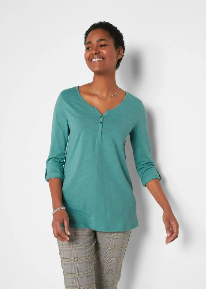 Light cotton long sleeve shirt with button placket Bpc Bonprix Collection green