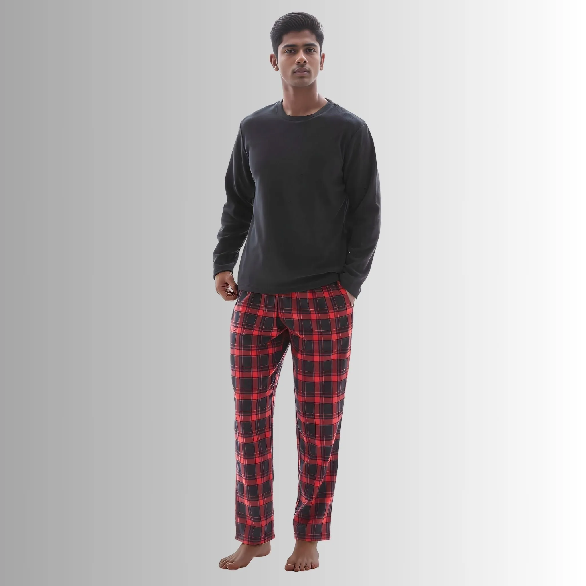 Men's Loungewear Sets Fleece top, 100% Cotton Bottoms Red-Black