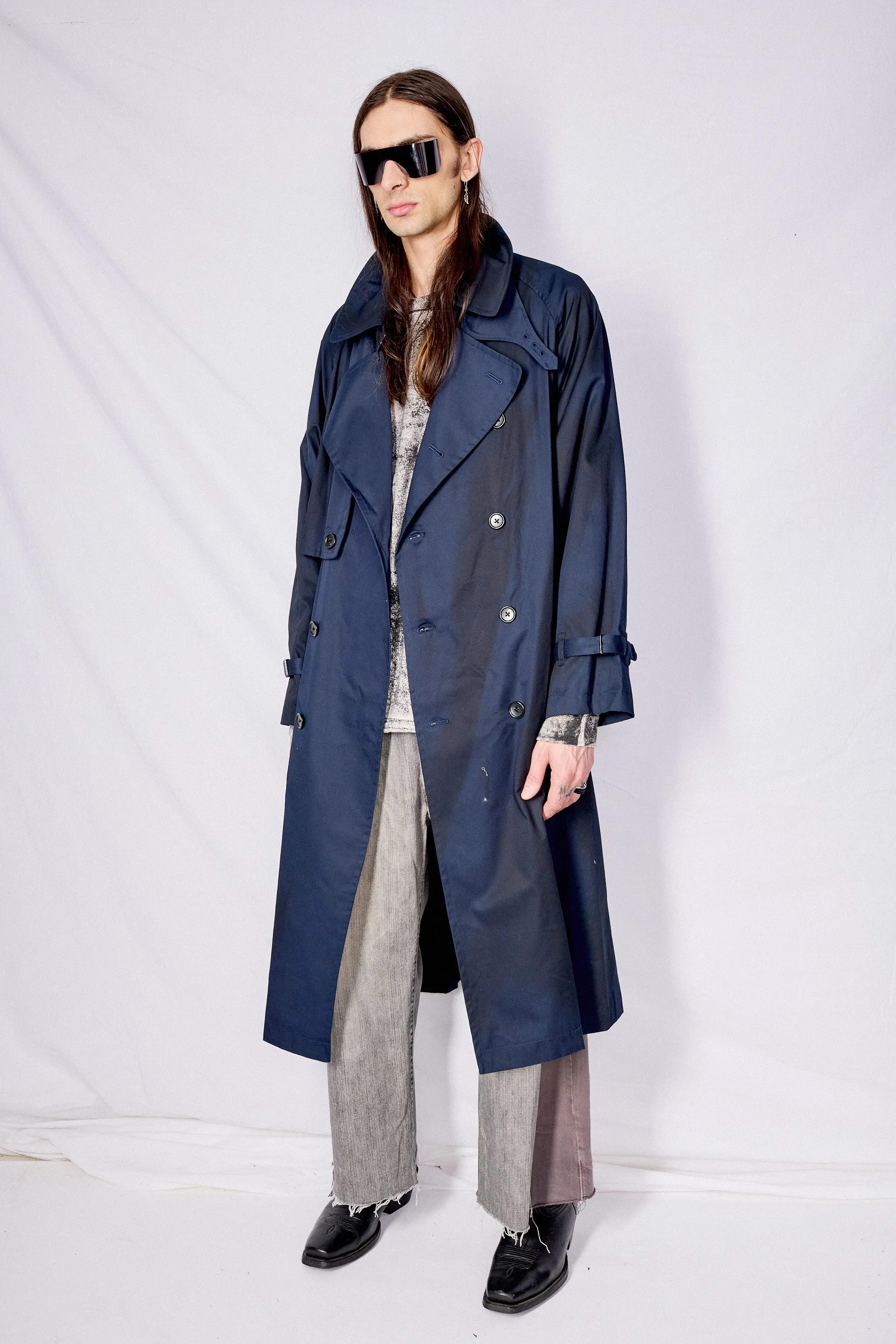 Navy Spray Printed Trench Coat