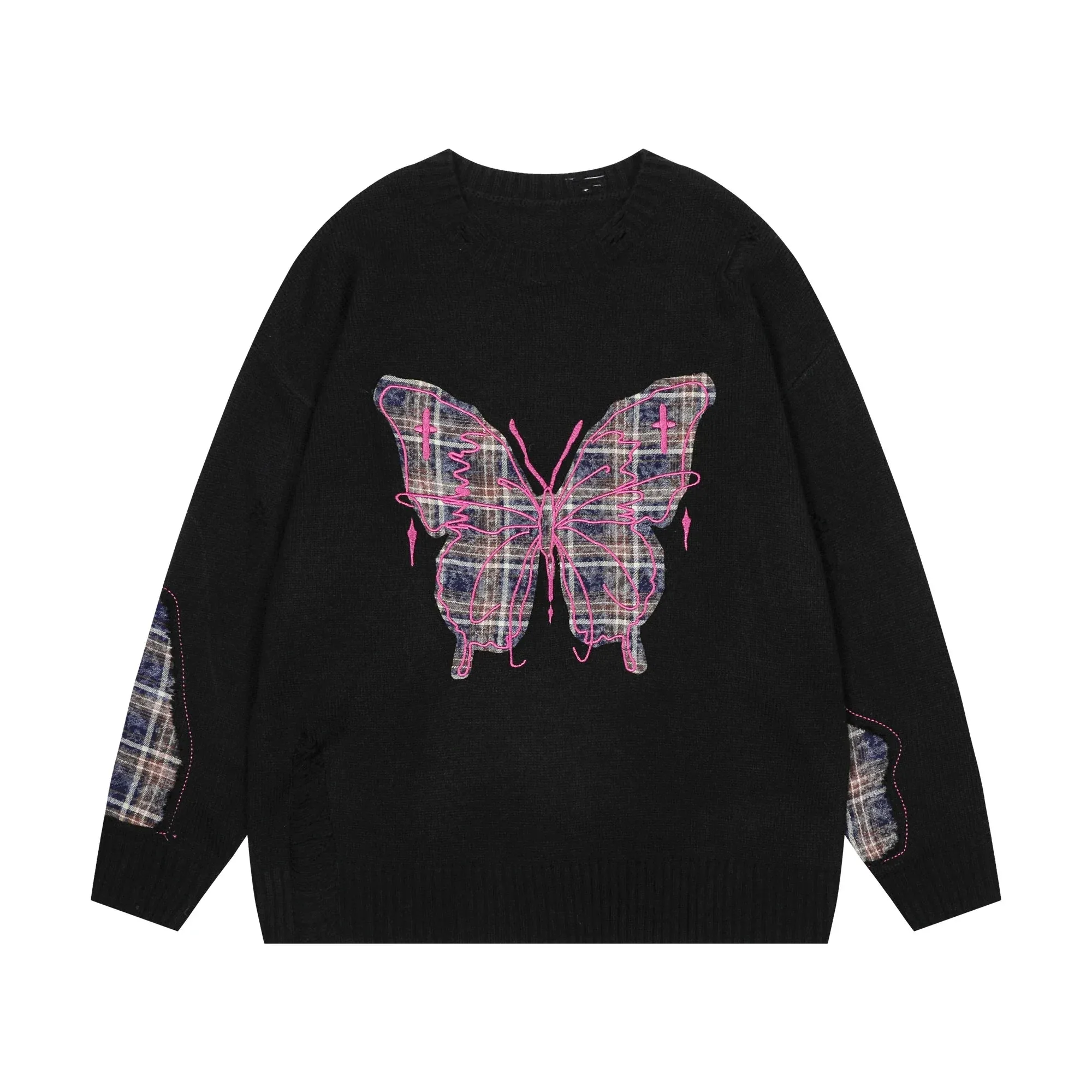 Riolio Butterfly Patch Embroidered Round Neck Sweater Men Harajuku Fashion Knitwears Oversized Casual Patchwork Shirt Sweater for Women