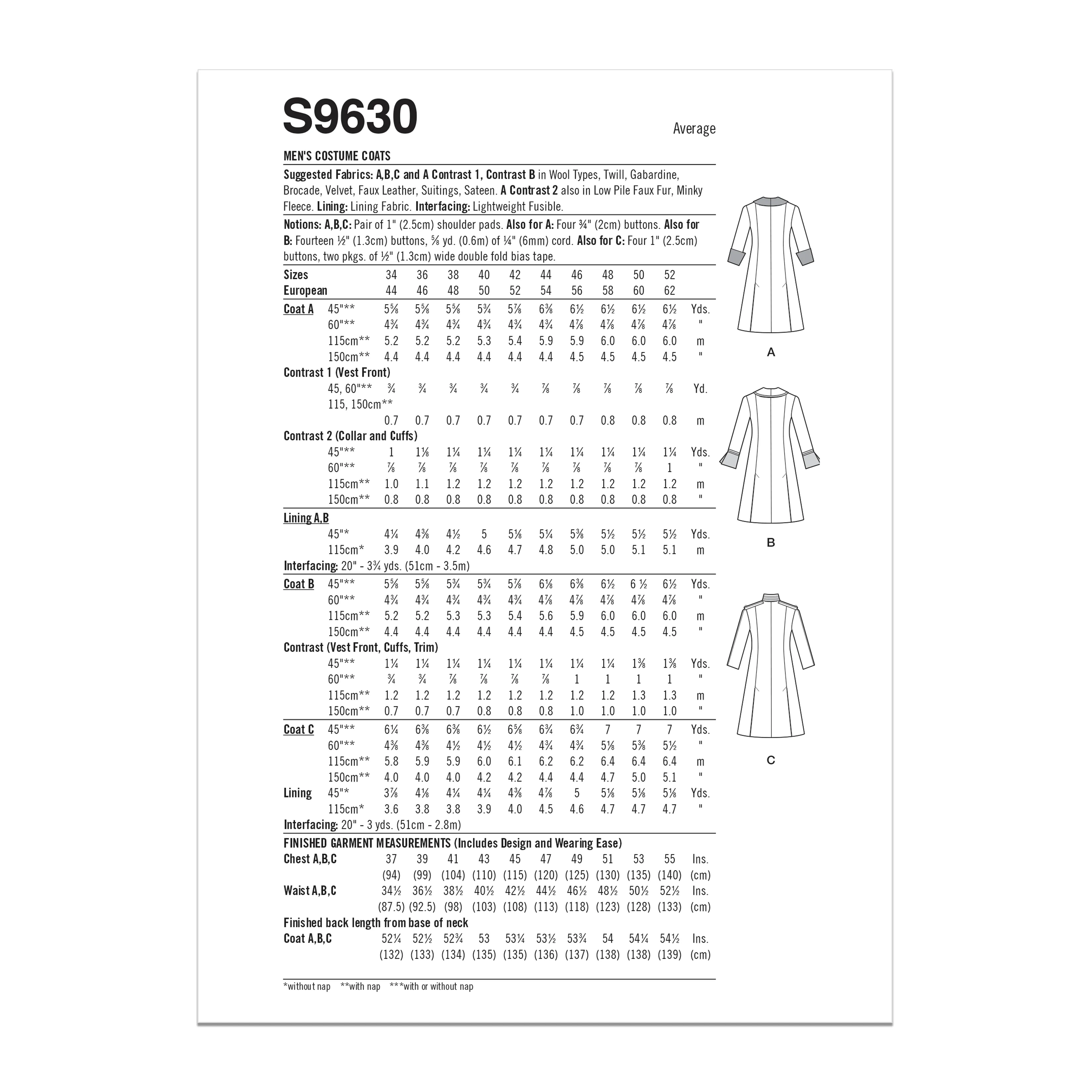 Simplicity Pattern S9630 Men's Costume Coats