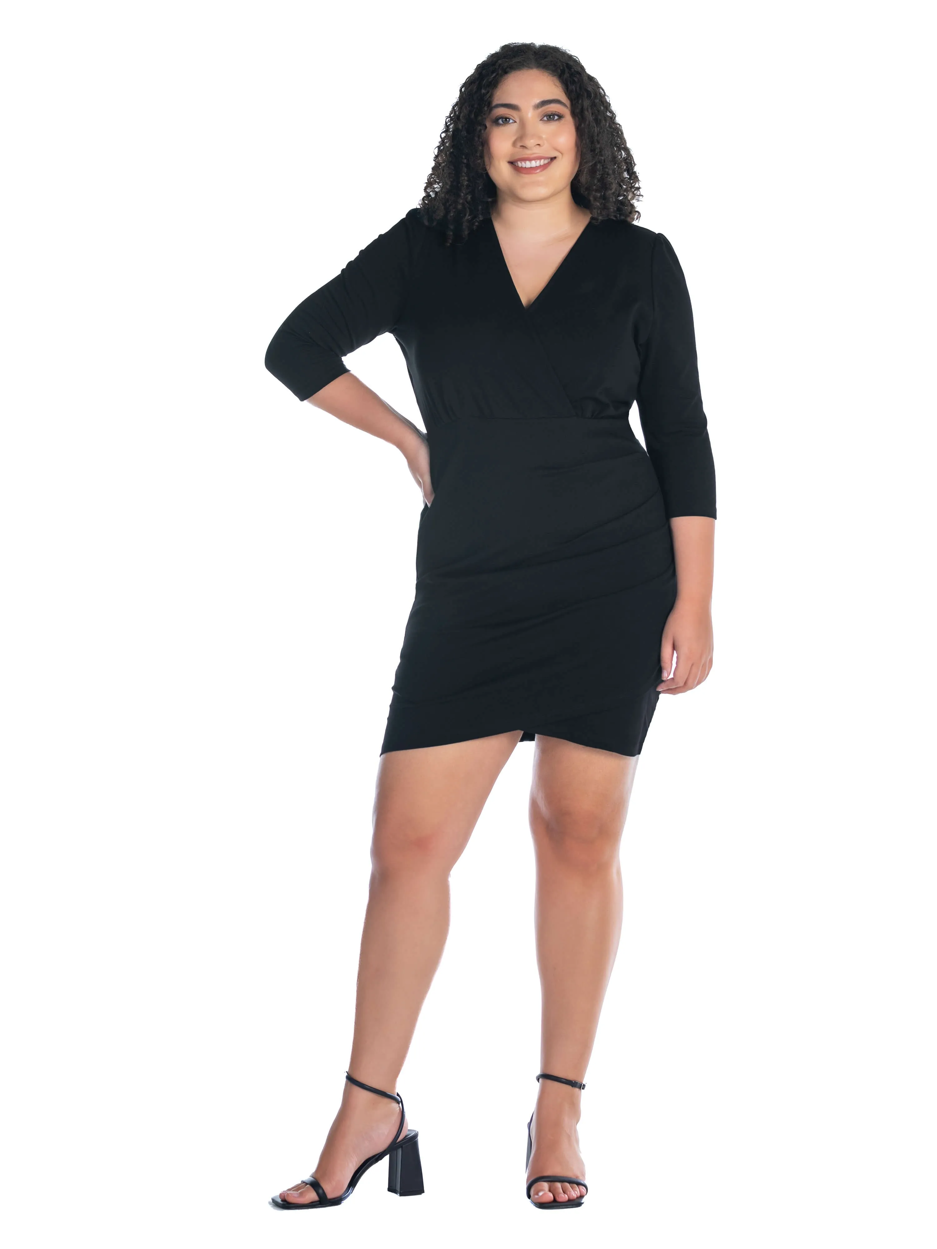 V Neck Elbow Sleeve Knee Length Plus Size Coktail Dress