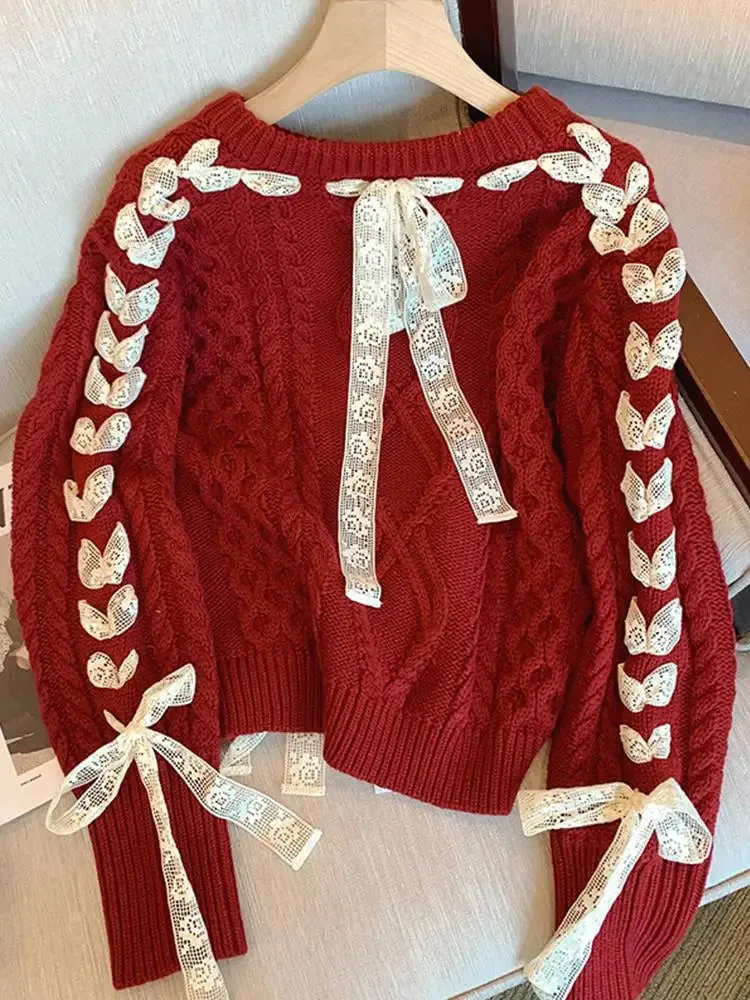 Valentine - Warm knitted sweater with lace threads and bow for women