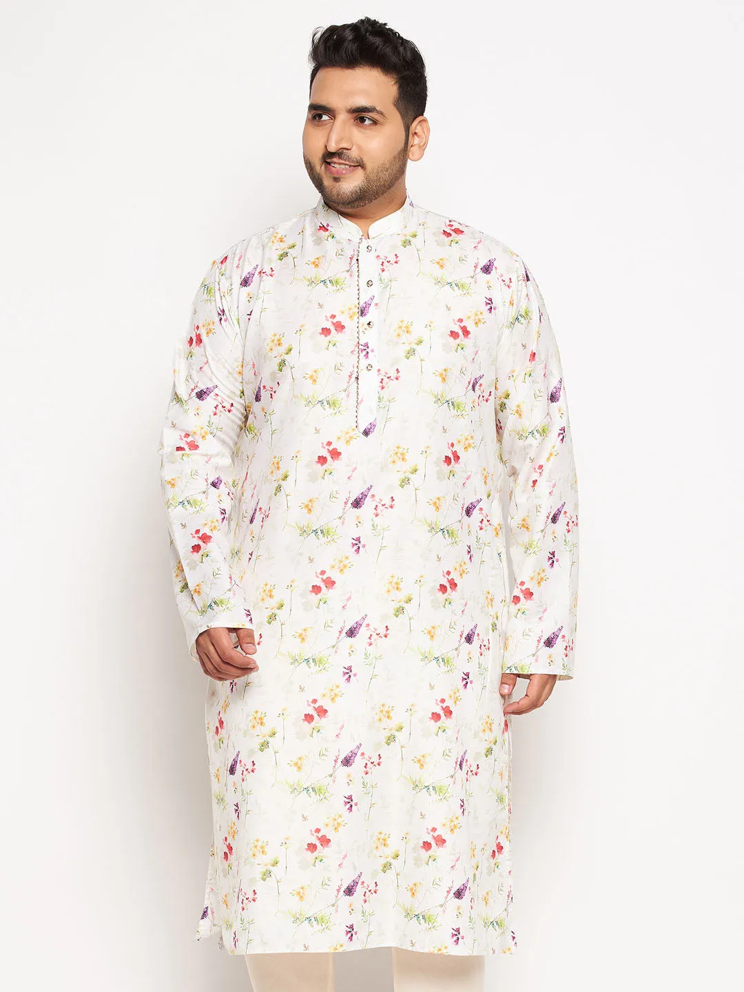 VASTRAMAY Cream Cotton Blend Printed Kurta