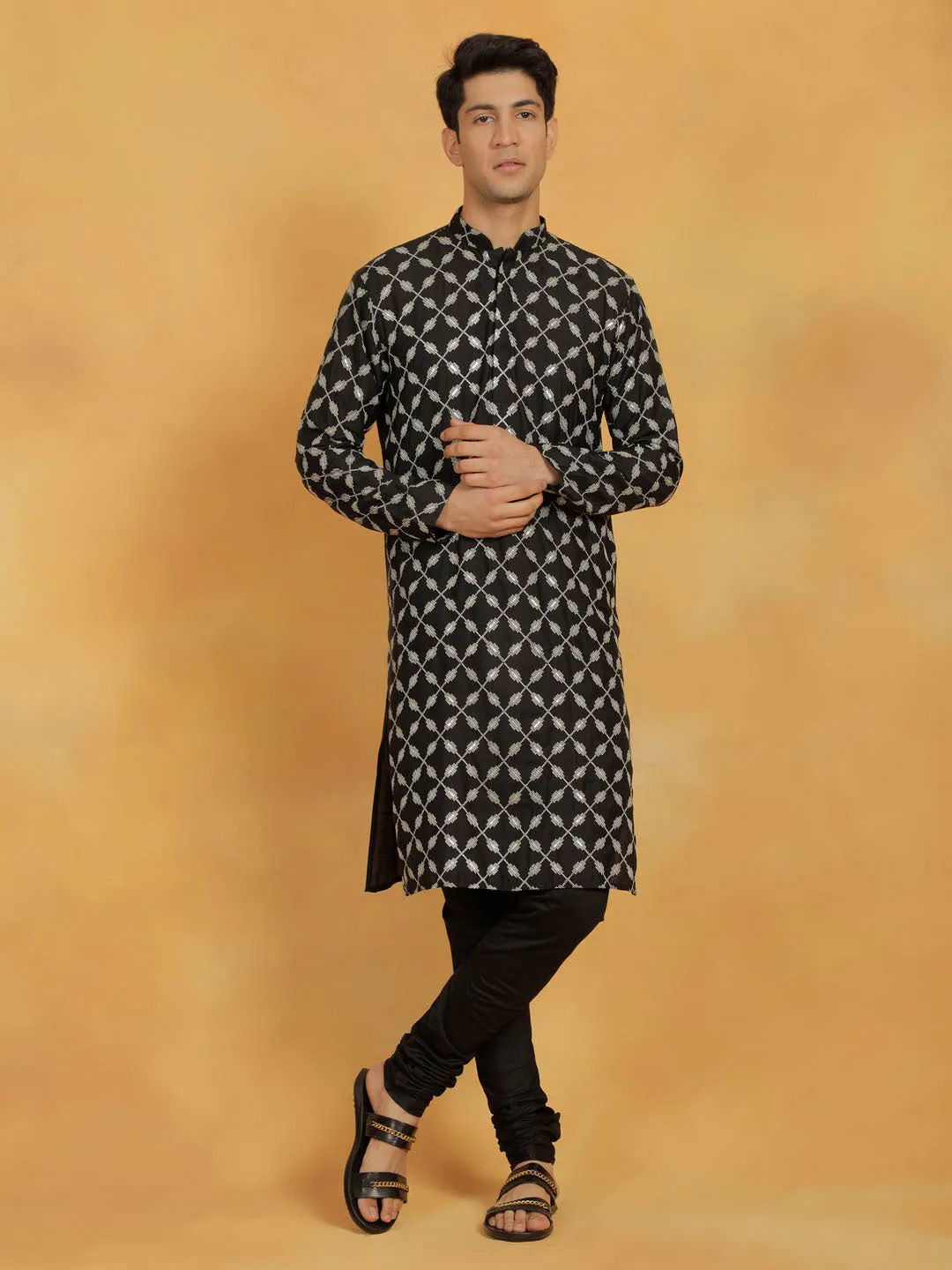 VASTRAMAY Embroidered Black Cotton Men's Kurta Set