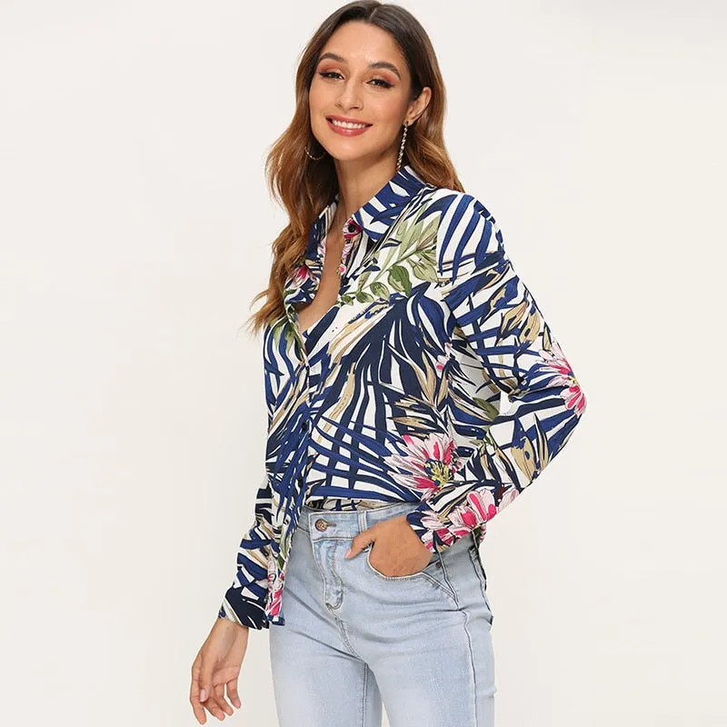 Vintage Floral Print Women Blouse Shirts