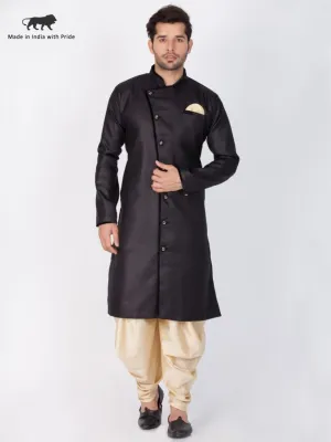 VM By VASTRAMAY Men's Black And Gold Cotton Blend Sherwani Set