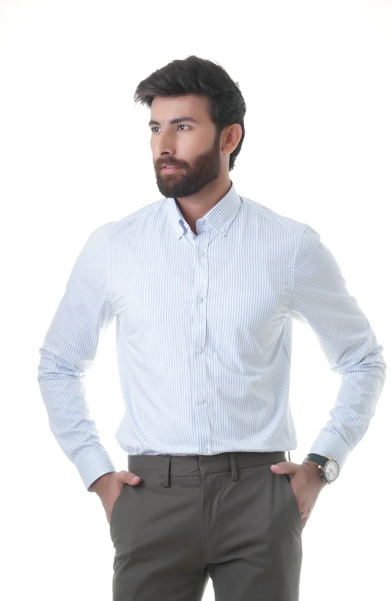 White/Blue Full Sleeves Cotton Shirt