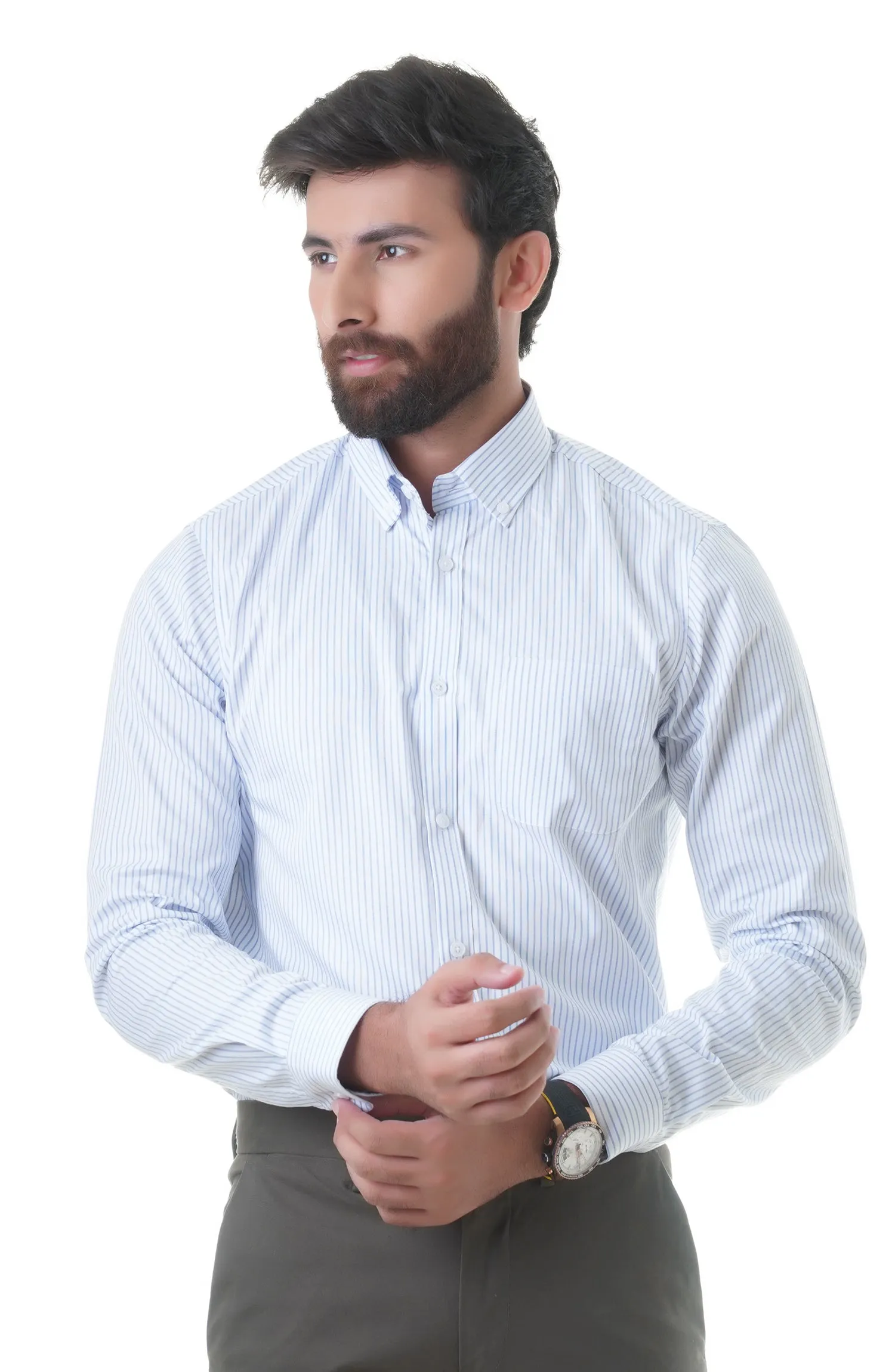 White/Blue Full Sleeves Cotton Shirt