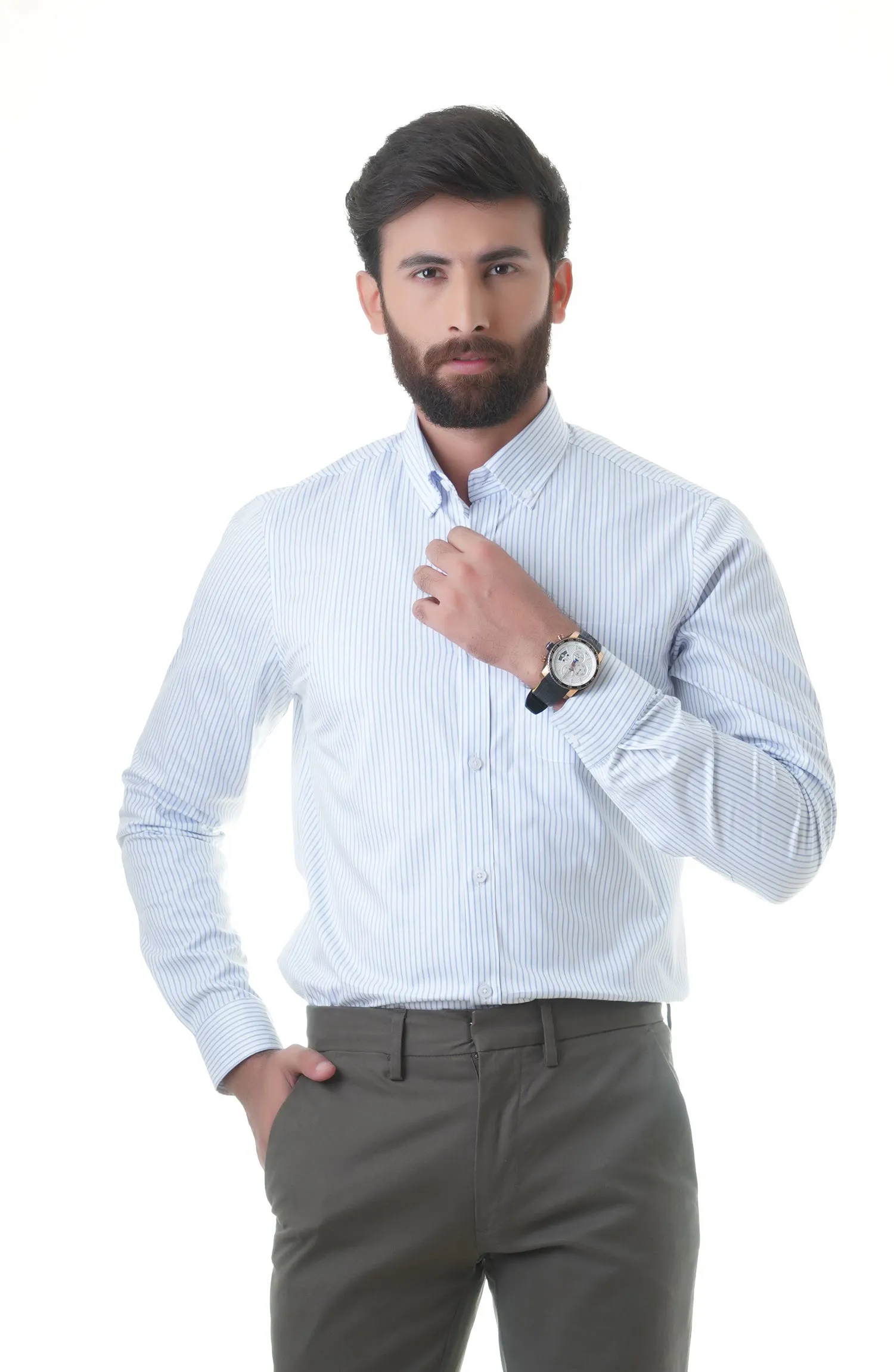 White/Blue Full Sleeves Cotton Shirt