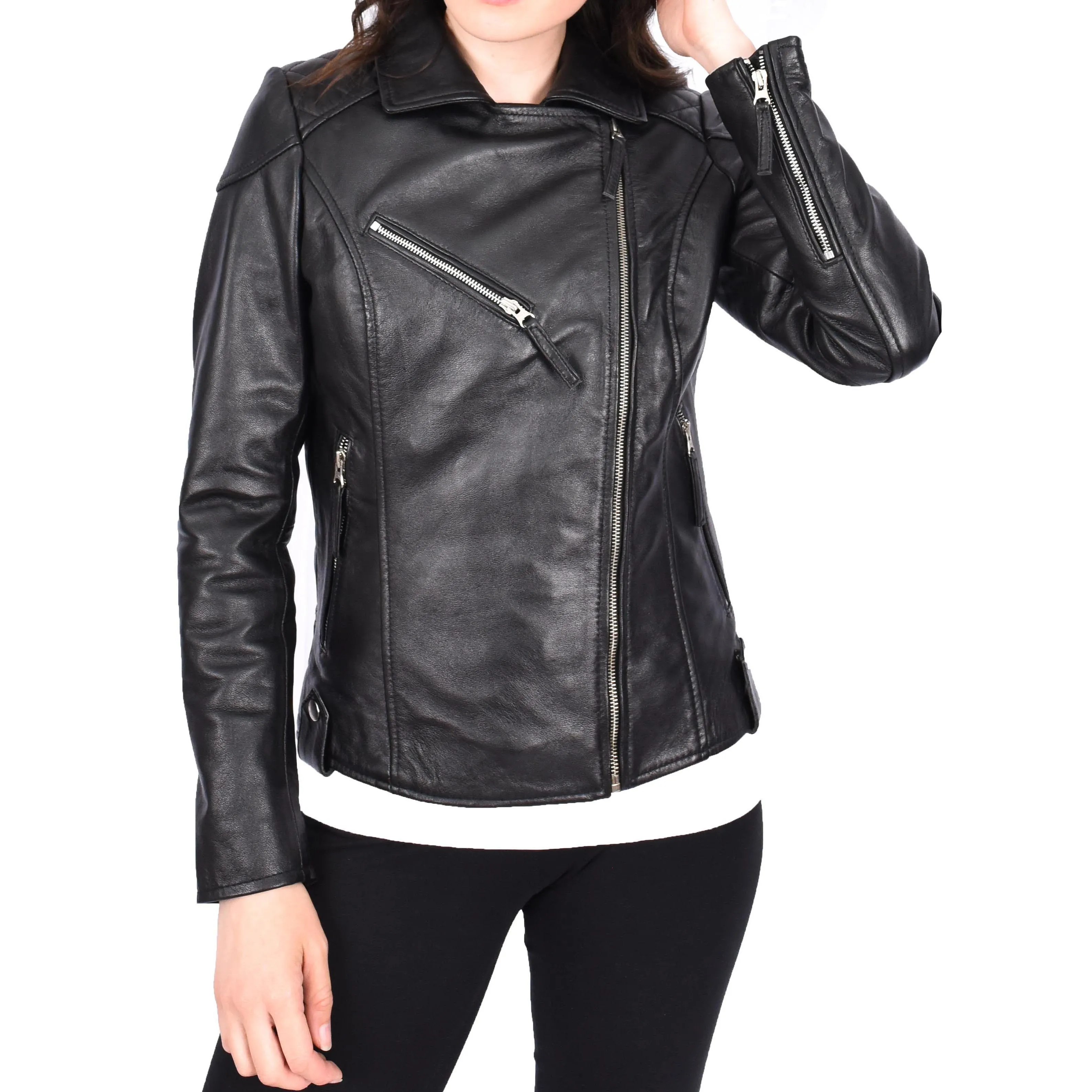 Womens Leather Biker Jacket Cross Zip Style Mona Black